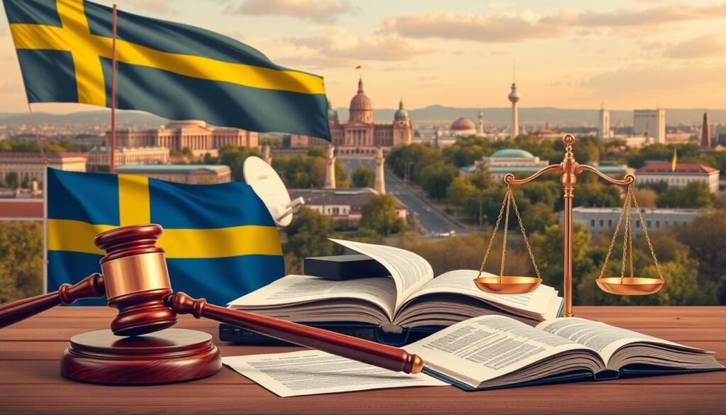 A high-resolution, detailed illustration of the legal framework for IPTV services in Sweden. In the foreground, a gavel and scales of justice symbolize the judicial system, surrounded by a stack of legal documents and an open law book. In the middle ground, a satellite dish and streaming devices represent the IPTV technology. The background depicts the Swedish flag, government buildings, and a cityscape, conveying the national context. The image should have a professional, authoritative tone, with warm lighting and a slightly muted color palette to suggest the seriousness of the legal landscape.