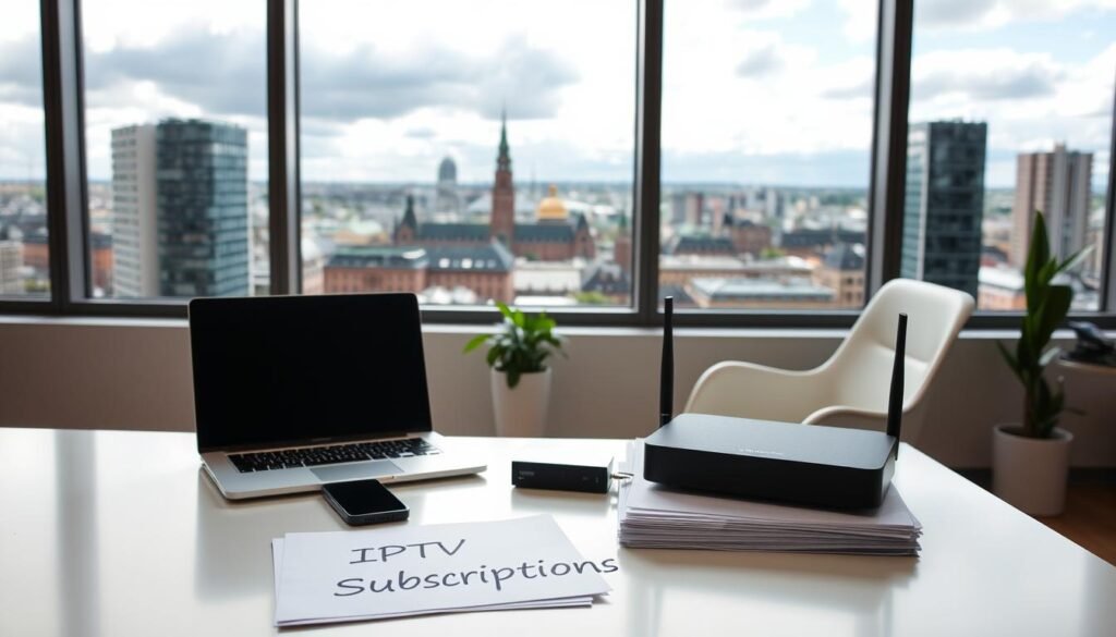 A modern, minimalist office setting with a large window overlooking a cityscape of Stockholm. In the foreground, a white desk with a laptop, smartphone, and a stack of documents labeled "IPTV Subscriptions". A sleek, black router and a streaming device sit nearby. The middle ground features a high-tech, ergonomic office chair and a potted plant. The background showcases a panoramic view of the Swedish capital, with its iconic architecture and a vibrant, cloudy sky. The lighting is soft and natural, casting a warm, productive atmosphere. The overall scene conveys the convenience and integration of IPTV subscription services within the Swedish digital lifestyle.