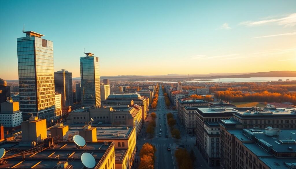 A panoramic view of a modern Swedish cityscape, with sleek skyscrapers and contemporary architecture bathed in a warm, golden afternoon light. In the foreground, a network of cables and satellite dishes emerge from the rooftops, symbolizing the thriving IPTV market. The middle ground showcases bustling streets filled with pedestrians and vehicles, reflecting the digital savvy of the Swedish population. In the background, the iconic Scandinavian landscape unfolds, with rolling hills, lush forests, and a hint of the Baltic Sea. The scene conveys a harmonious blend of urban development and natural beauty, encapsulating the essence of the Swedish digital landscape and IPTV market.
