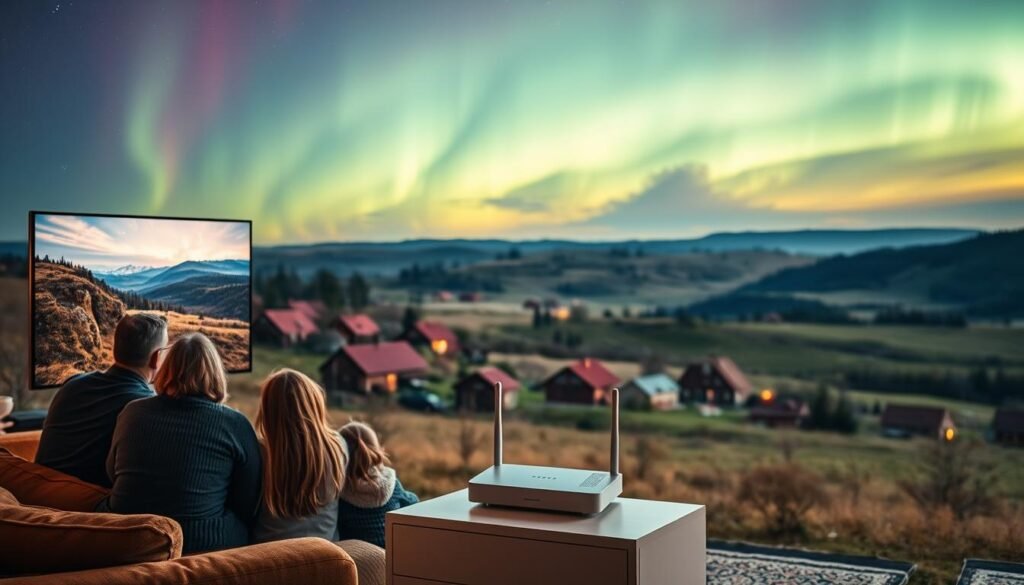 A serene Swedish landscape, the rolling hills dotted with picturesque red-roofed houses. In the foreground, a family gathers around their television, engrossed in the vivid imagery of an IPTV stream. The scene is bathed in warm, golden light, creating a cozy, inviting atmosphere. In the middle ground, a sleek, modern router and other IPTV equipment sit on a minimalist Scandinavian-style cabinet, hinting at the advanced technology powering the seamless viewing experience. In the background, the Aurora Borealis dances across the night sky, a testament to Sweden's northern location and the growing popularity of IPTV technology that allows for high-quality, reliable streaming even in remote regions.