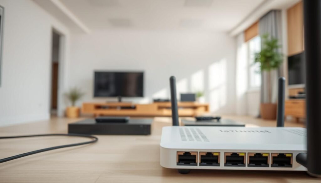 A visually striking and informative image depicting the technical requirements for IPTV streaming in Sweden. In the foreground, a high-speed internet router with multiple ethernet ports, conveying the need for a reliable and fast internet connection. In the middle ground, several streaming devices such as smart TVs and set-top boxes, showcasing the hardware required for IPTV. In the background, a minimalist Scandinavian-inspired interior, with clean lines and natural lighting, setting the scene for the practical application of IPTV technology in a Swedish home. The overall mood is one of modern, efficient, and seamless IPTV setup, reflecting the technological advancements and user-friendly experience of IPTV in Sweden.